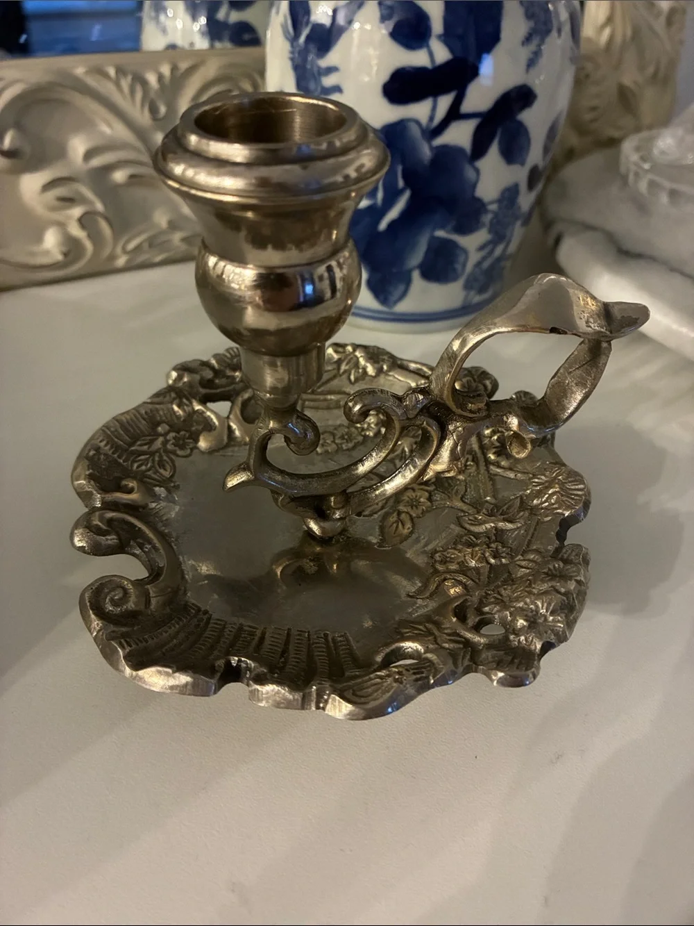 Vintage Silver Plated Floral Chamberstick Candle Holder Cottagecore Art Nouveau